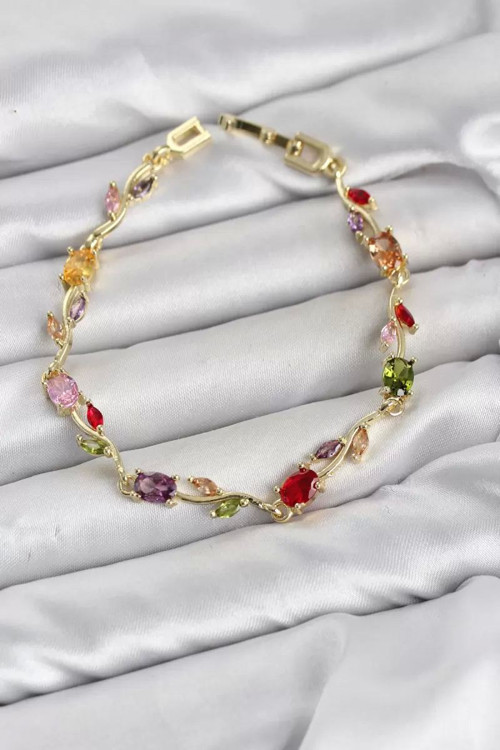 Pirinç Gold Renk Mix Renk Zirkon Taşlı Çiçek Model Kadın Bileklik TJ-BB8577