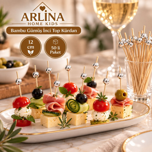 ARLİNA HOME KIDS – Bambu Gümüş İnci Top Kürdan 12 CM 50'li