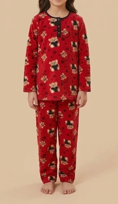 Kaşıntı ve Tahriş Önleyici %100 Pamuk Kalpli Ayıcık Çocuk Pijama Takımı