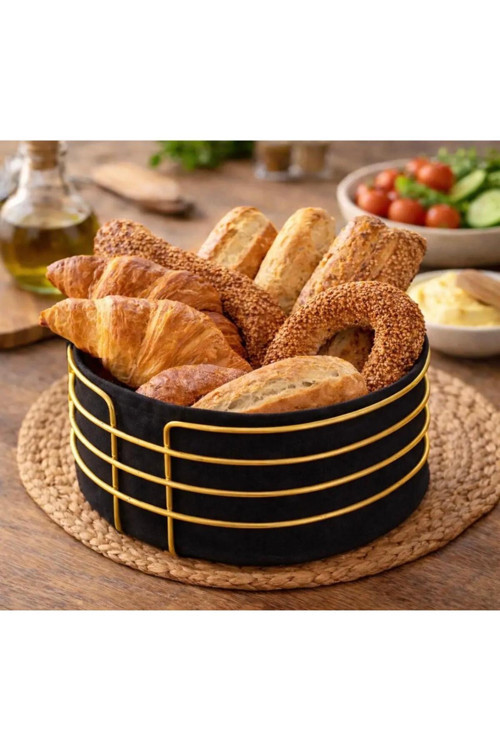 Dekoratif Gold Metal Detaylı Şık Sunum Ekmek Sepeti 21X11 Cm