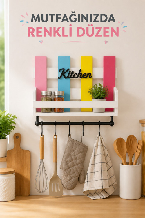 Dekoratif Kitchen Mutfak Rafı – Baharatlık Ve 6 Kancalı Duvar Askısı