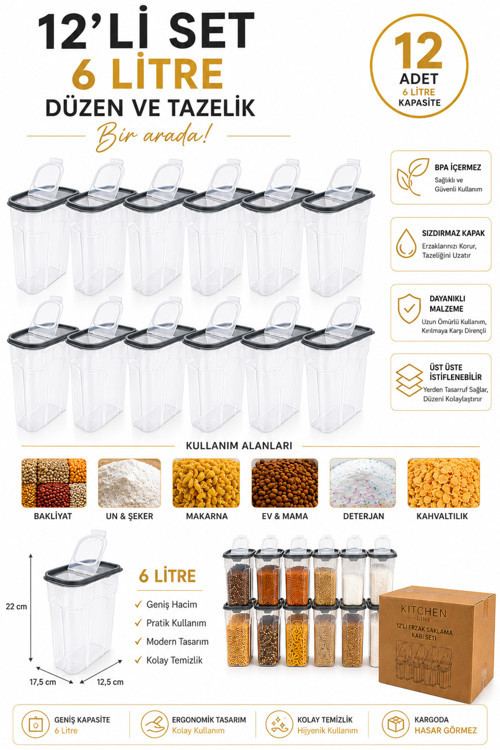12 Adet 6 Litre Erzak Saklama Kabı – Gri Kapaklı, Pratik Dökme Kapaklı, İstiflenebilir Büyük Boy Organizer
