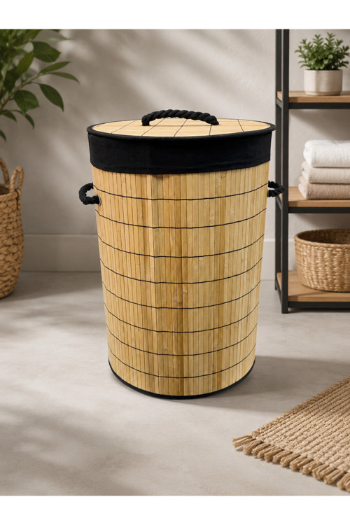 Doğal Bambu Kirli Sepeti Ve Çamaşır Sepeti Kapaklı İp Kulplu Geniş Hacimli 34×50 Cm