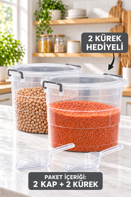 2’Li 8 Litre Kilitli Kapaklı Şeffaf Erzak Saklama Kabı Seti – 2 Kürek Hediyeli, Gri Kilitli Kiler Kabı