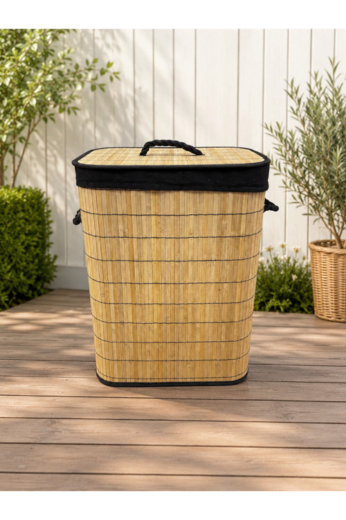 Doğal Bambu Kapaklı Kirli Çamaşır Sepeti – Taşıma Kulplu Geniş Hacimli 37×27×50 Cm