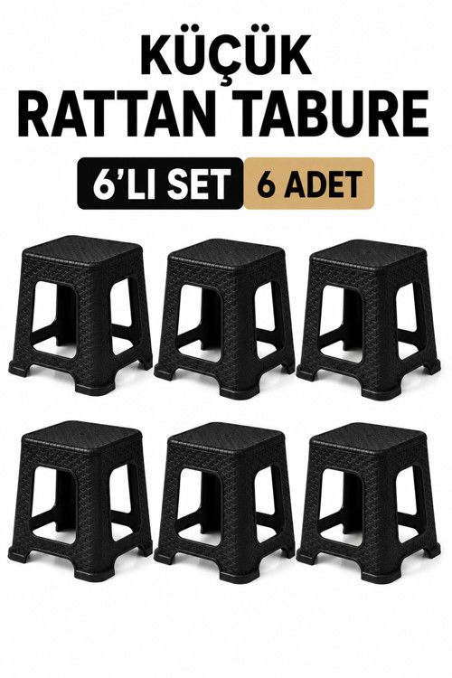 6’Lı Küçük Rattan Tabure Seti Siyah – Mutfak Banyo Balkon Bahçe İçin İstiflenebilir Plastik Tabure