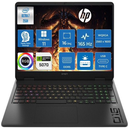 Omen Slim 16-AN0035NT Intel Core Ultra 7 255H RTX5070 165Hz 32GB Ram 512GB SSD Windows 11 Pro 16" Wuxga 400NIT IPS Panel