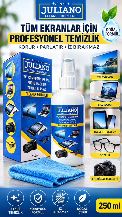 Bilgisayar, Telefon, Laptop, Ekran, Gözlük, Laptop, Tablet, Televizyon, Kamera, Koruyucu Ve Parlatıcı Doğal Temizleme, Temizlik Seti – 250 ML Temizleyici