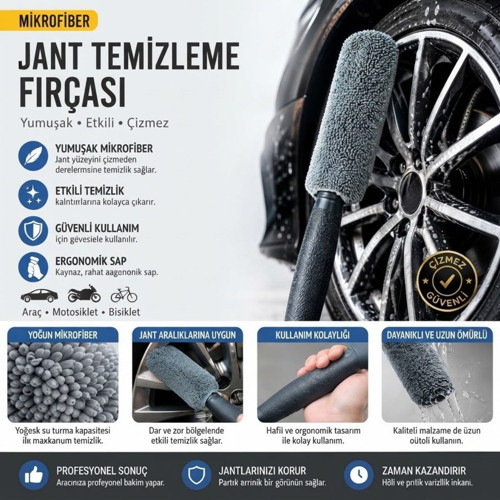 ® Mikrofiber Jant Temizleme Fırçası Yumuşak Çizmez Saplı Araba Motosiklet Lastik Yıkama Bakım