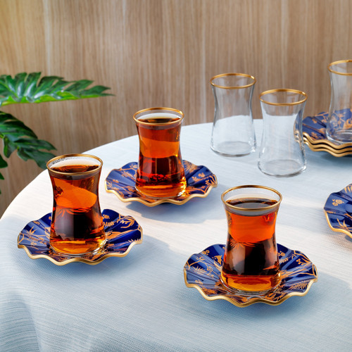 Golden Bird 6 Kişilik Cam Çay Seti 12 Parça-Lacivert