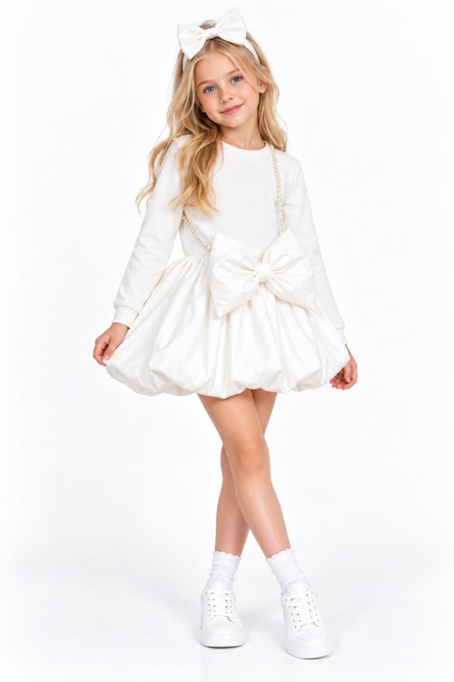 Kız Çocuk Beyaz Şık Elbise Fiyonklu Çanta ve Taçlı 3’lü Takım – Özel Gün & Davet 2509-B