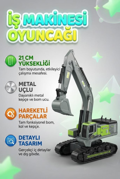 İnşaat Ustası Metal Uçlu Haraketli Paletli Hidrolik Sistemli Detaylı Tasarımlı 21 Cm Oyuncak Kepçe
