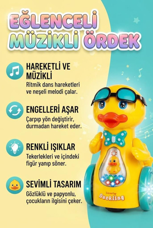 Sevimli Ördek Haraketli Müzikli Çarp Dön Mekanizmalı Renkli Işıklı Tekerlekli 20 Cm Oyuncak Ördek