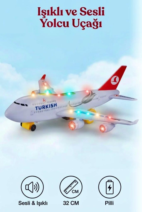 Işıklı Ve Sesli THY Yolcu Uçağı İniş Takımı Model Kuyruklu 32 Cm Kaliteli Eğlenceli Oyuncak Uçak