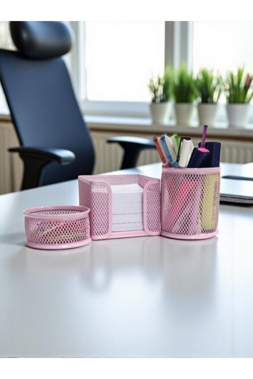 Masaüstü Perfore 3`lü Toz Pembe Kalemlik