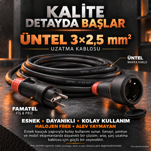 Üntel 3×2,5 mm² 25 Metre Kauçuk Endüstriyel ve Araç Şarj Uzatma Kablosu – Famatel Fiş Prizli, Yüksüklü Bağlantı