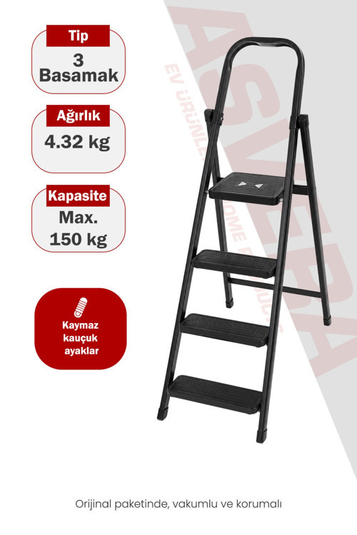 Titan 3 Basamaklı Ekstra Güçlü Katlanır Çelik Ev Tipi Siyah Metal Merdiven