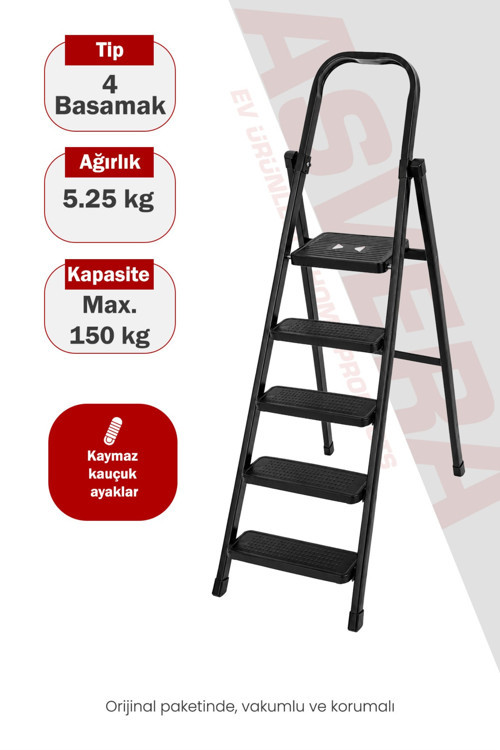 Titan 4 Basamaklı Ekstra Güçlü Katlanır Çelik Ev Tipi Siyah Metal Merdiven