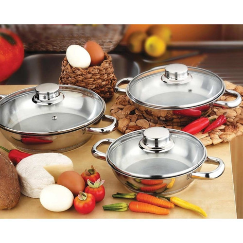 6 PARÇA CAM KAPAKLI PASLANMAZ ÇELİK OMLET TENCERE SETİ (16 CM, 18 CM, 20 CM)