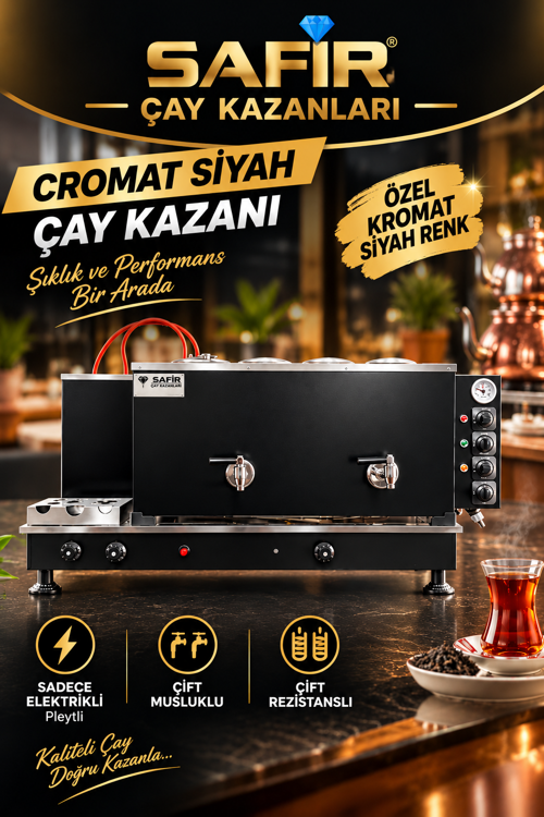 SAFİR 4 GÖZLÜ KROMAT SİYAH TAM OTOMATİK ÇAY KAZANI SADECE ELEKTRİKLİ PLEYTLİ ÇAY MAKİNESİ ÇAY SEMAVERİ