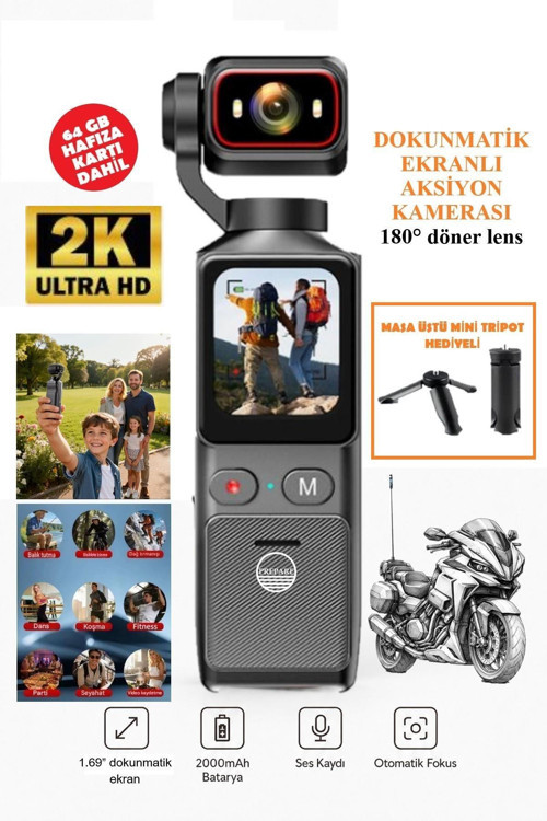 2K Aksiyon Kamera 180° Döner Lens | Gece Görüşü, Stabil Çekim, Vlog Kamera Dokunmatik LCD Ekranlı