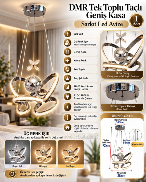 Tek Toplu TAÇLI Geniş Kasa KROM Şerit Sarkıt Led Avize Üç Renk 6500k/4000k/3000k (Beyaz /Ilık Be