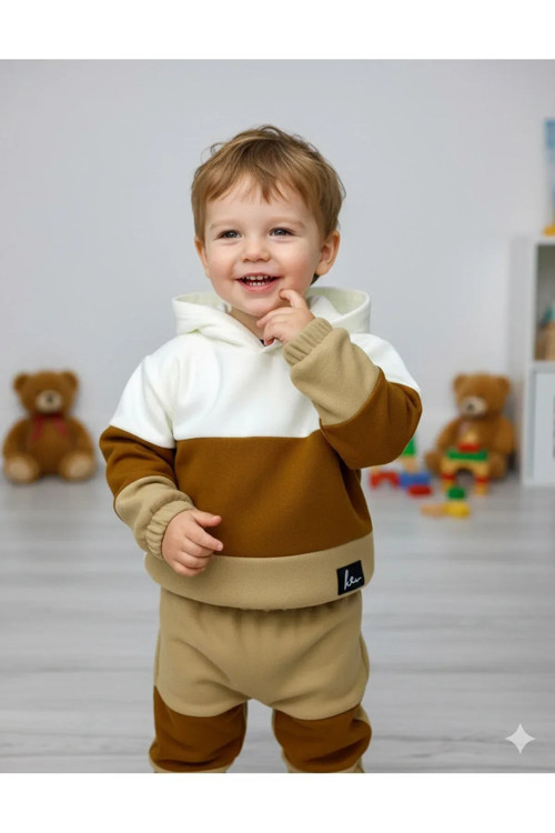 Erkek Çocuk Sweatshirt-Kazak Kapüşonlu Beli Lastikli Çok Renkli Kışlık Polar Sweat — Ekru-Tarçın-Kamel