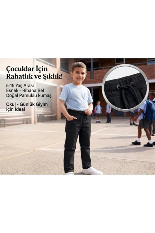 Unisex Erkek Kız Çocuk Ribana Bel Lastikli Boru Paça Kanvas-Keten Keten Siyah Okul Pantolonu