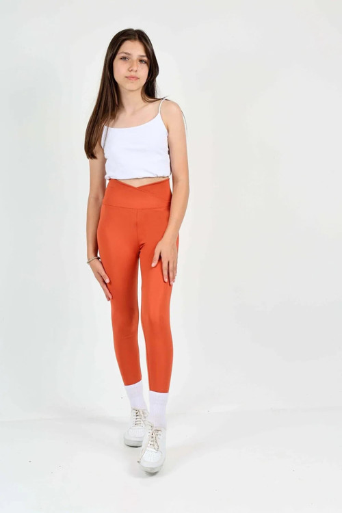 Kız Çocuk Yüksek Bel Kruvaze Kemer, Koşu, Yürüyüş, Casual, Spor, Atletik, Egzersiz, Fittness Tayt — Kiremit