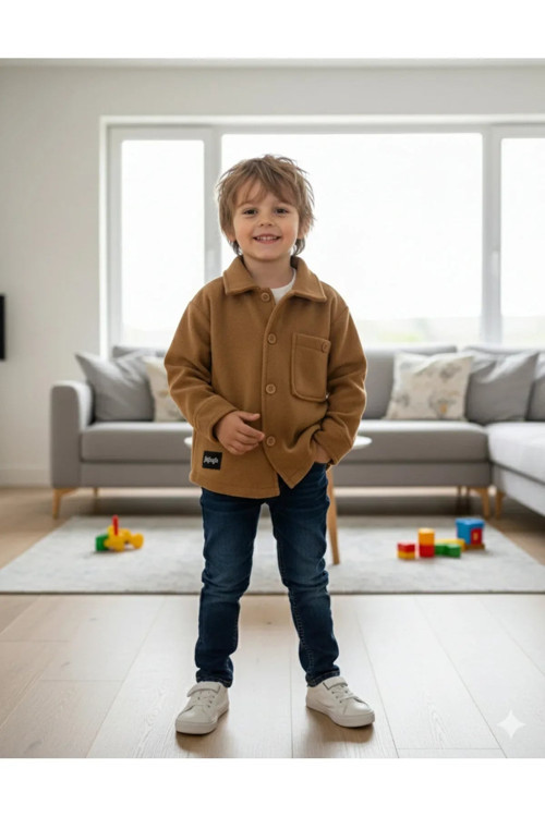 Erkek-Kız Çocuk Unisex Pamuklu Günlük-Casual Kışlık Polar Ceket Gömlek — taba