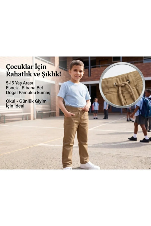 Unisex Erkek Kız Çocuk Ribana Bel Lastikli Boru Paça Kanvas-Keten Keten Camel Okul Pantolonu