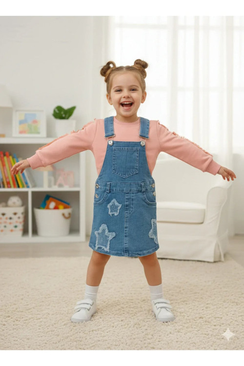 Kız Çocuk Denim Kot Salopet Jile Elbise Sweatshirt 2'li Takım SLPTTKM20260001