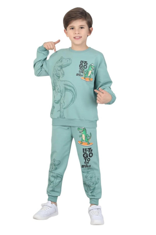 Erkek çocuk dinozor baskılı pijama takımı iki iplik eşofman takımı okul ikili takım — Mint Yeşili