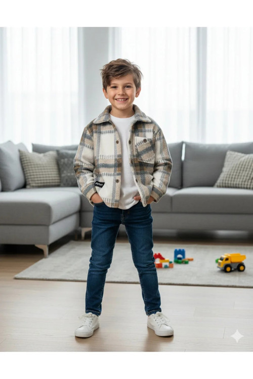 Erkek Çocuk Pamuklu Günlük-Casual Kışlık Polar Ekose Kareli Ceket Gömlek — ekru-kahve
