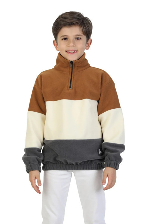 Erkek Çocuk Dik Yaka Fermuarlı Sweatshirt-Kazak Beli Lastikli Çok Renkli Kışlık Polar Sweat — Kamel-Krem-Gri