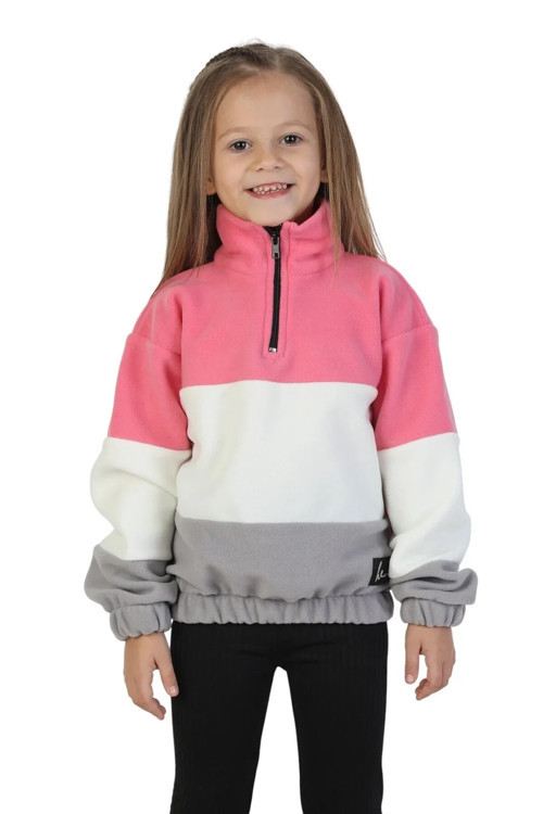 Kız Çocuk Dik Yaka Fermuarlı Sweatshirt-Kazak Beli Lastikli Çok Renkli Kışlık Polar Sweat — Pembe-Ekru-Gri