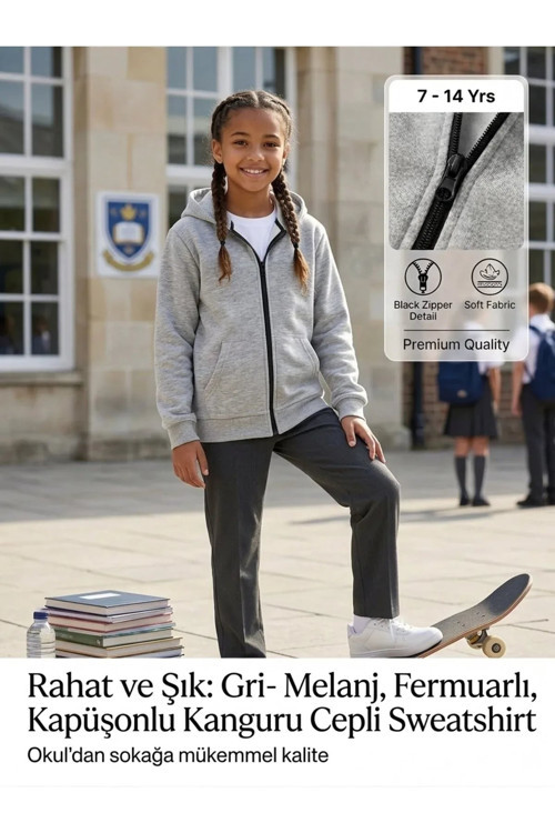 Unisex Kız Erkek Çocuk Basic 3 İplik Şardonsuz Fermuarlı Kanguru Cepli Kapüşonlu Pamuk Sweatshirt Hırka — Gri-Melanj