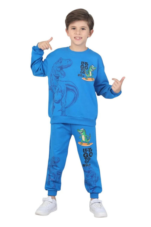 Erkek çocuk dinozor baskılı pijama takımı iki iplik eşofman takımı okul ikili takım — Mavi