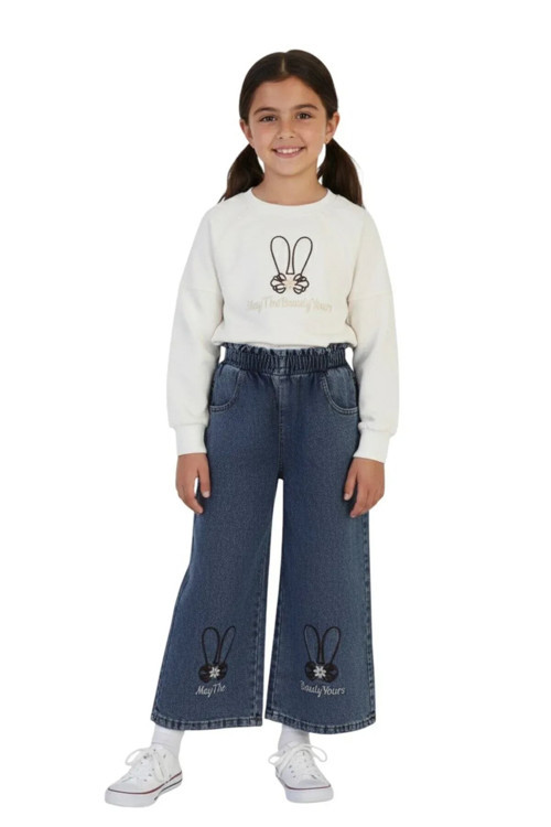 Kız Çocuk Bayramlık Günlük - Casual Geniş-Bol Paça Palazzo Kot Pantolon-Sweatshirt ikili takım — Beyaz - Mavi