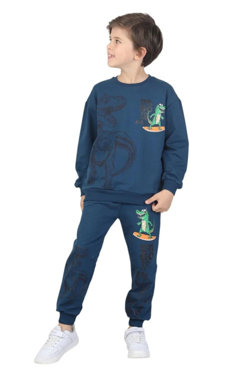 Erkek çocuk dinozor baskılı pijama takımı iki iplik eşofman takımı okul ikili takım — Parlament mavi