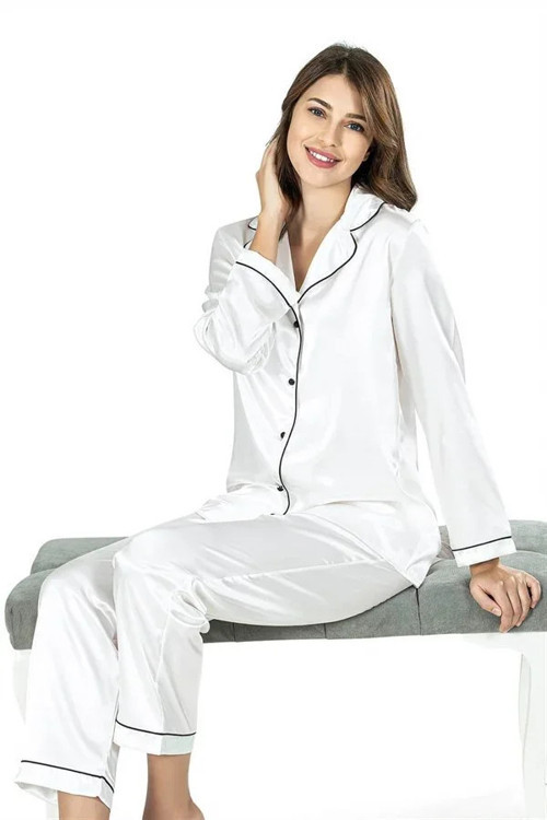 Şık Tasarım Yumuşak Dokulu Biyeli Önden Düğmeli Ekru İkili Saten Gecelik Pijama Takımı
