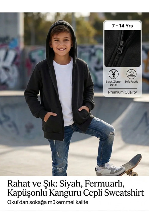 Unisex Kız Erkek Çocuk Basic 3 İplik Şardonsuz Fermuarlı Kanguru Cepli Kapüşonlu Pamuk Sweatshirt Hırka — Siyah