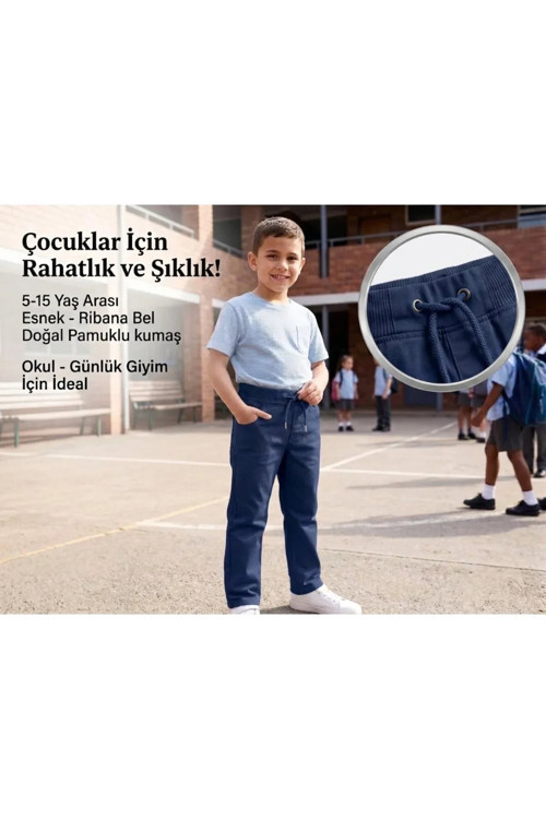 Unisex Erkek Kız Çocuk Ribana Bel Lastikli Boru Paça Kanvas-Keten Keten Lacivert Okul Pantolonu