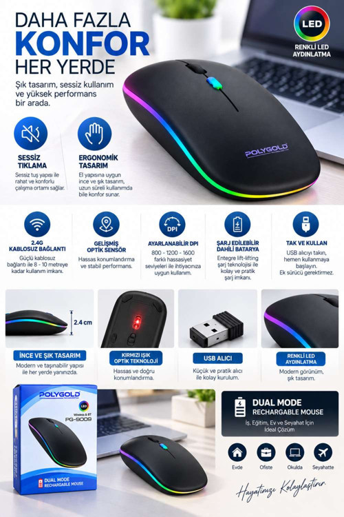 Kablosuz Şarjlı Sessiz Tıklamalı Ergonomik Mouse