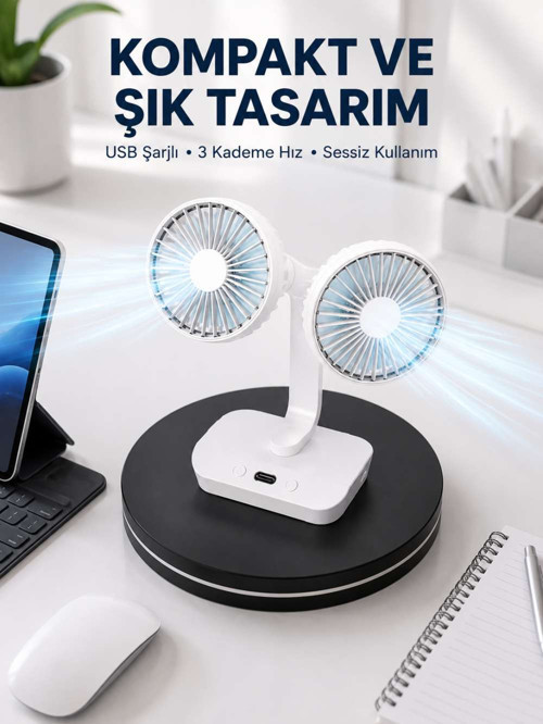 720° Döner Çift Taraflı Masaüstü Vantilatör – USB Şarjlı Sessiz Fan