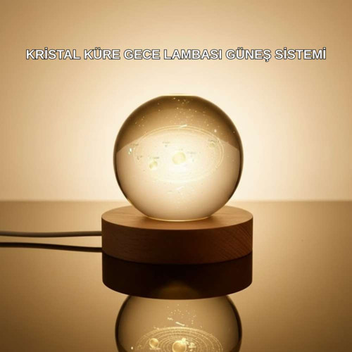 Kristal Gezegen Küre Ahşap Tabanlı USB Işıklı Gece Lambası