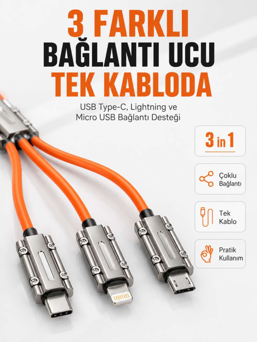 Çinko Alaşımlı Metal Konnektörlü Dayanıklı 6A Hızlı Şarj Kablosu