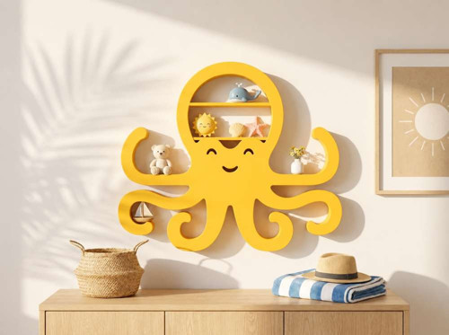 3D Baskı Ahtapot Duvar Rafı - Dekoratif Mini Raf-Sarı