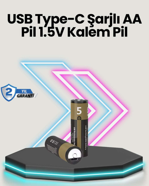 Yüksek Performanslı AA USB Şarjlı Lityum Pil | 1.5V Sabit Güç | 2’li Paket