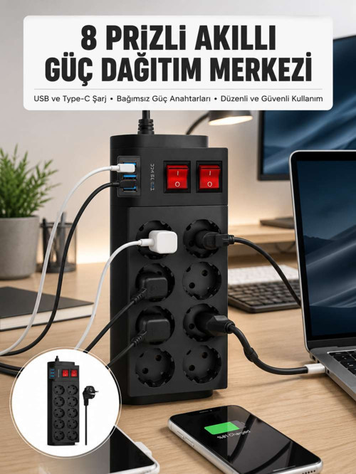 2 Metre Güçlü Çoklu Priz 8 Soket Yeni Nesil